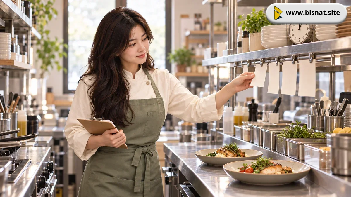 Sintya memeriksa urutan tiket dan hidangan di dapur kecil.