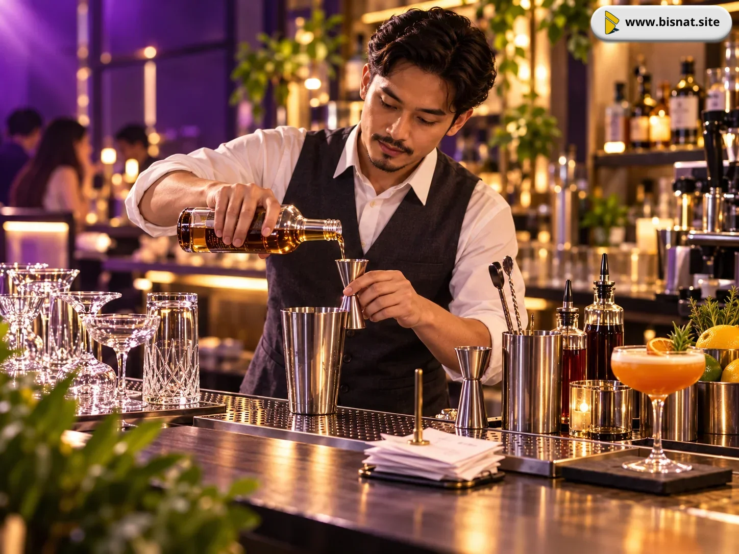 Ilustrasi bartender mengukur bahan dengan jigger di tengah layanan bar yang sibuk