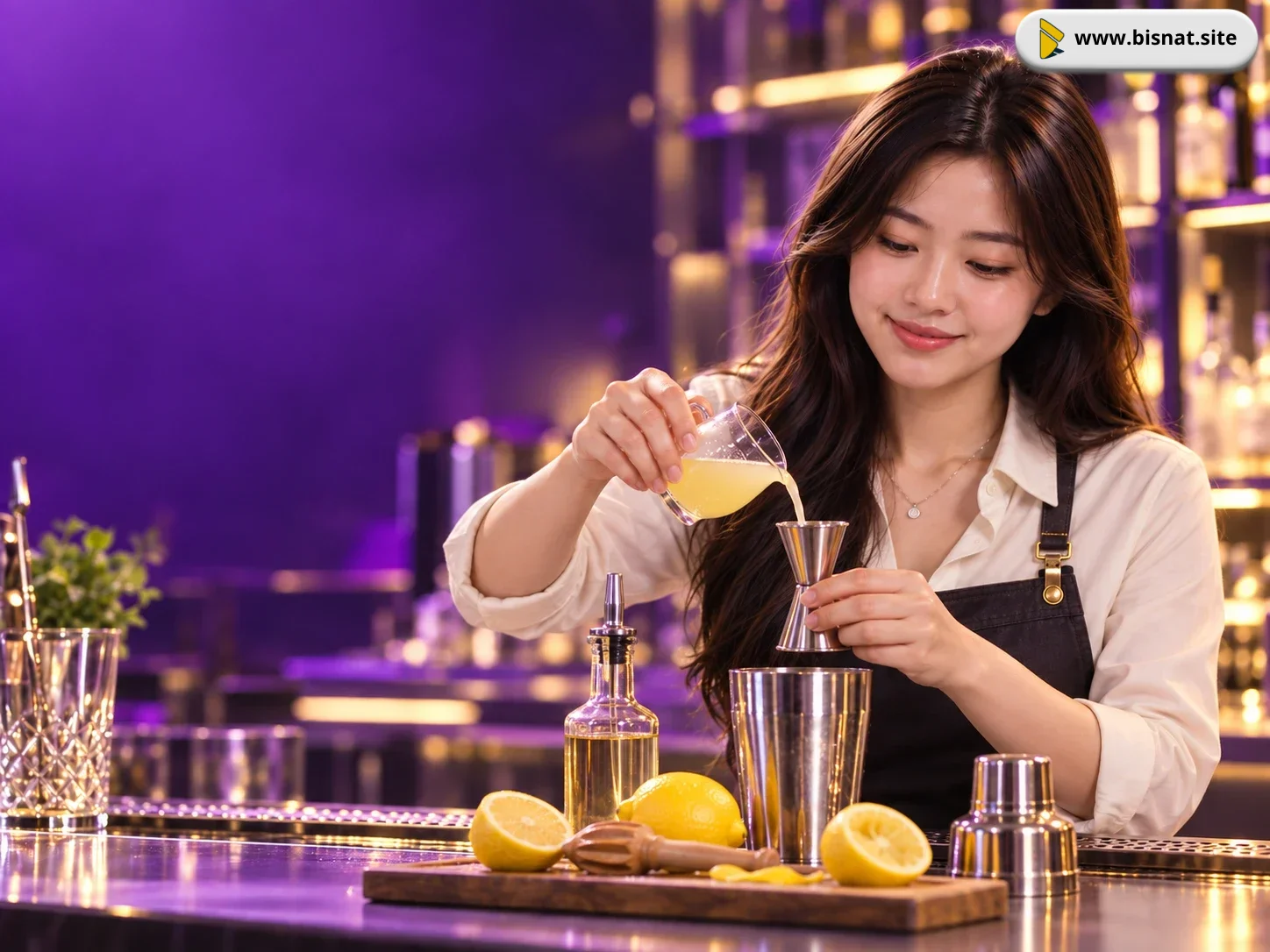 Sintya mengukur perasan lemon dengan jigger sebelum mencampur minuman sour