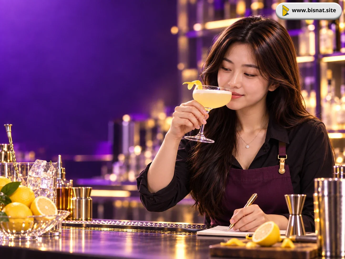 Sintya mencicipi minuman sour sambil mencatat penyesuaian resep