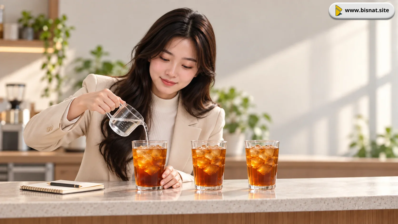 Sintya menakar tambahan air dingin untuk membandingkan tingkat pengenceran minuman es.