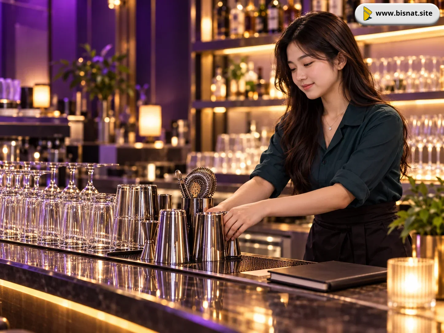 Ilustrasi Sintya merapikan alat dan gelas bersih di bar setelah layanan berakhir
