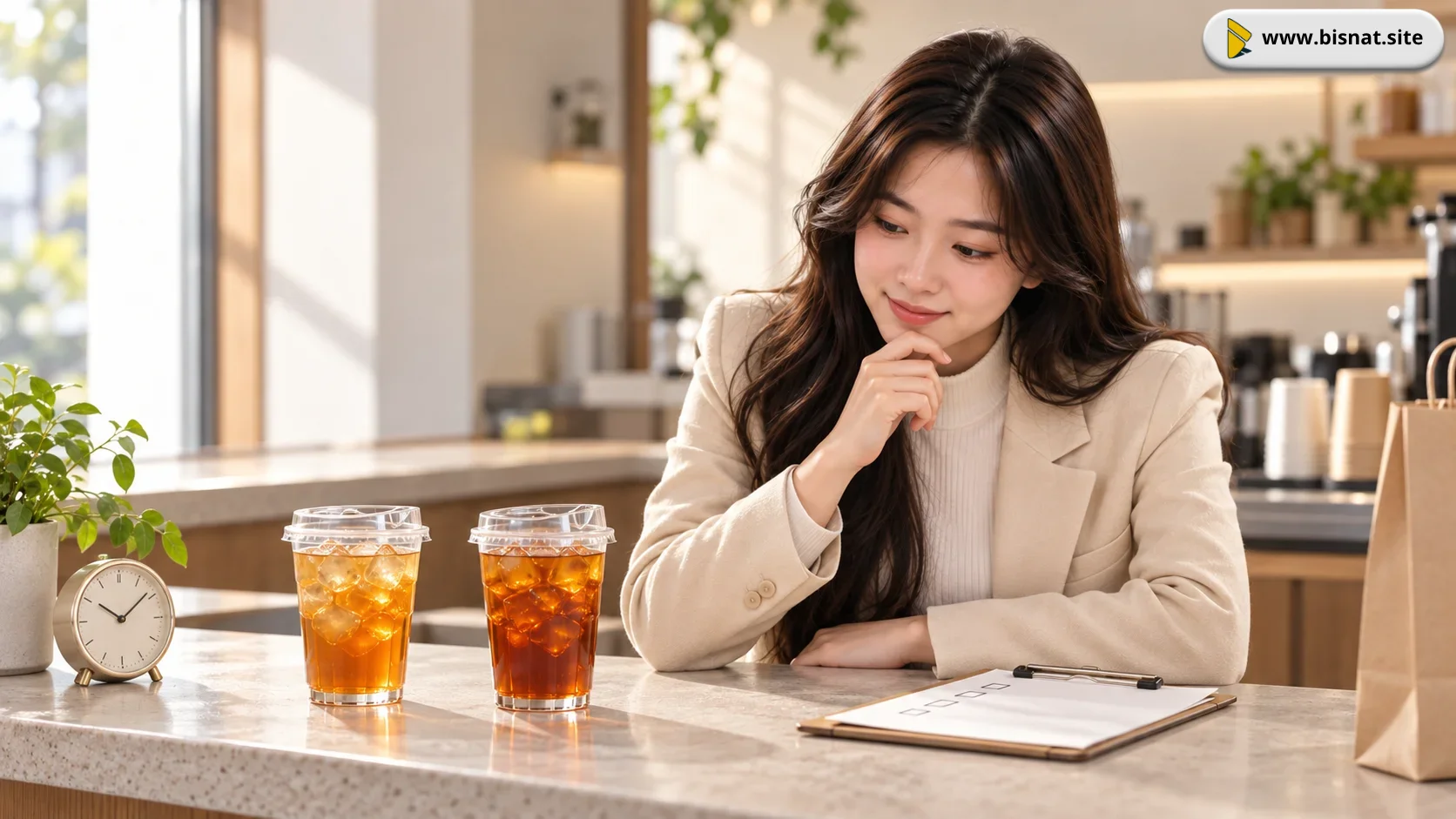 Sintya membandingkan dua minuman es pada simulasi waktu penyajian dan pengantaran.
