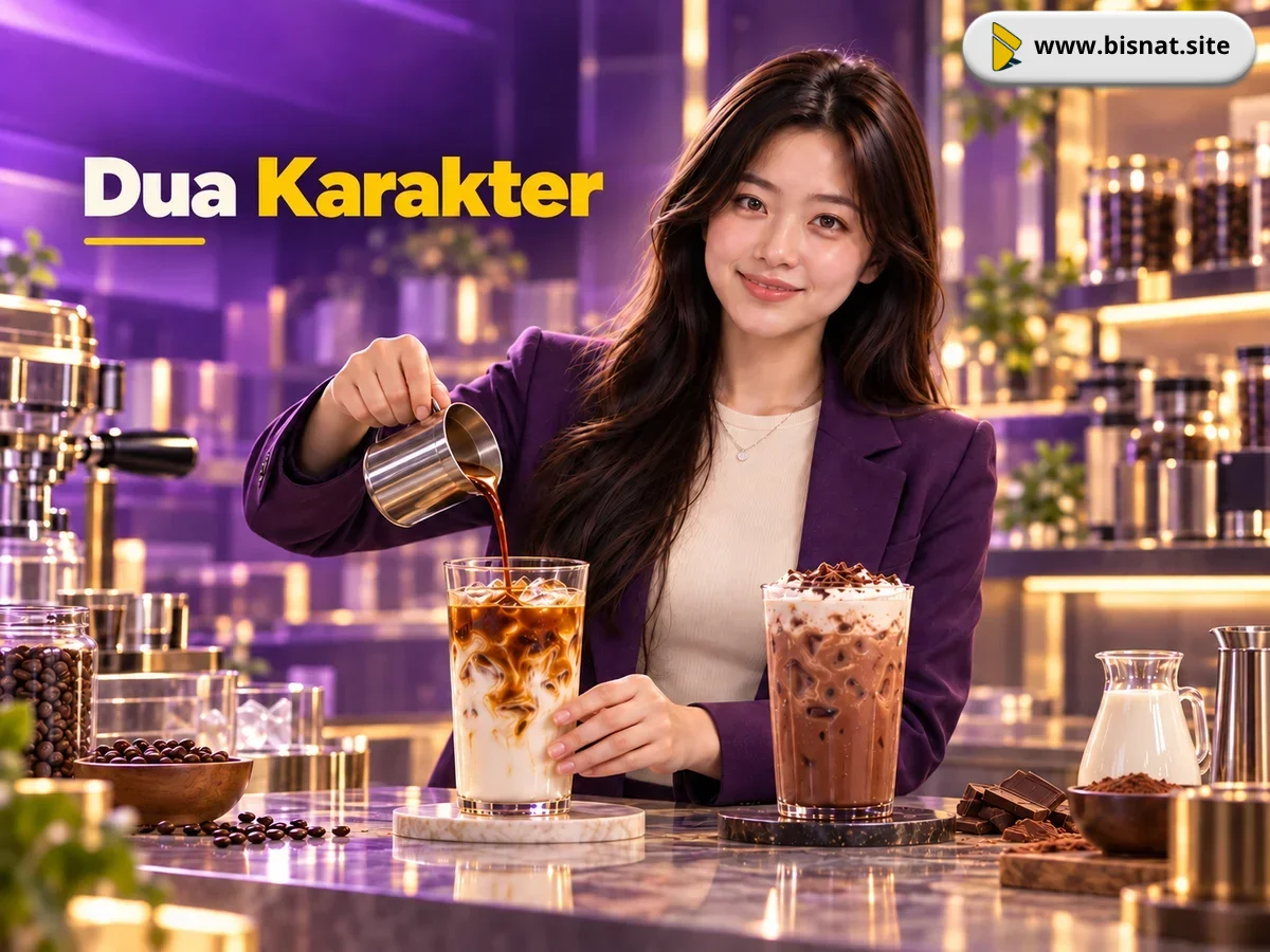 Sintya menyelesaikan es latte dan vanilla cocoa dengan komponen khas berbeda