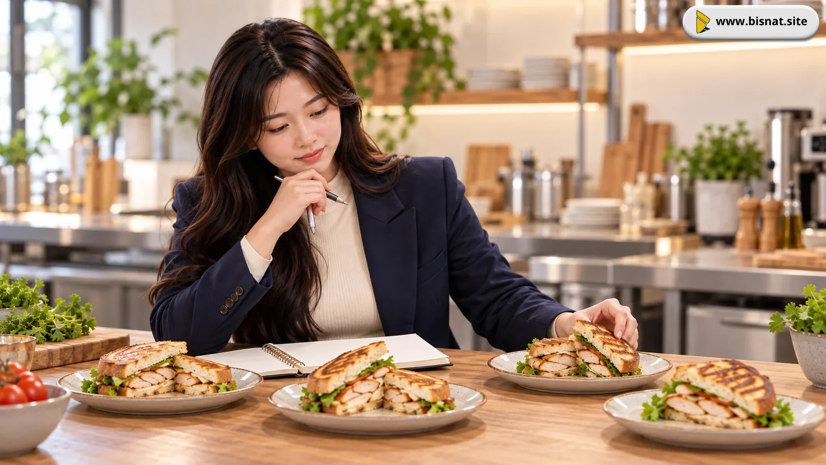 Sintya membandingkan beberapa porsi roti ayam panggang dari sesi uji resep.