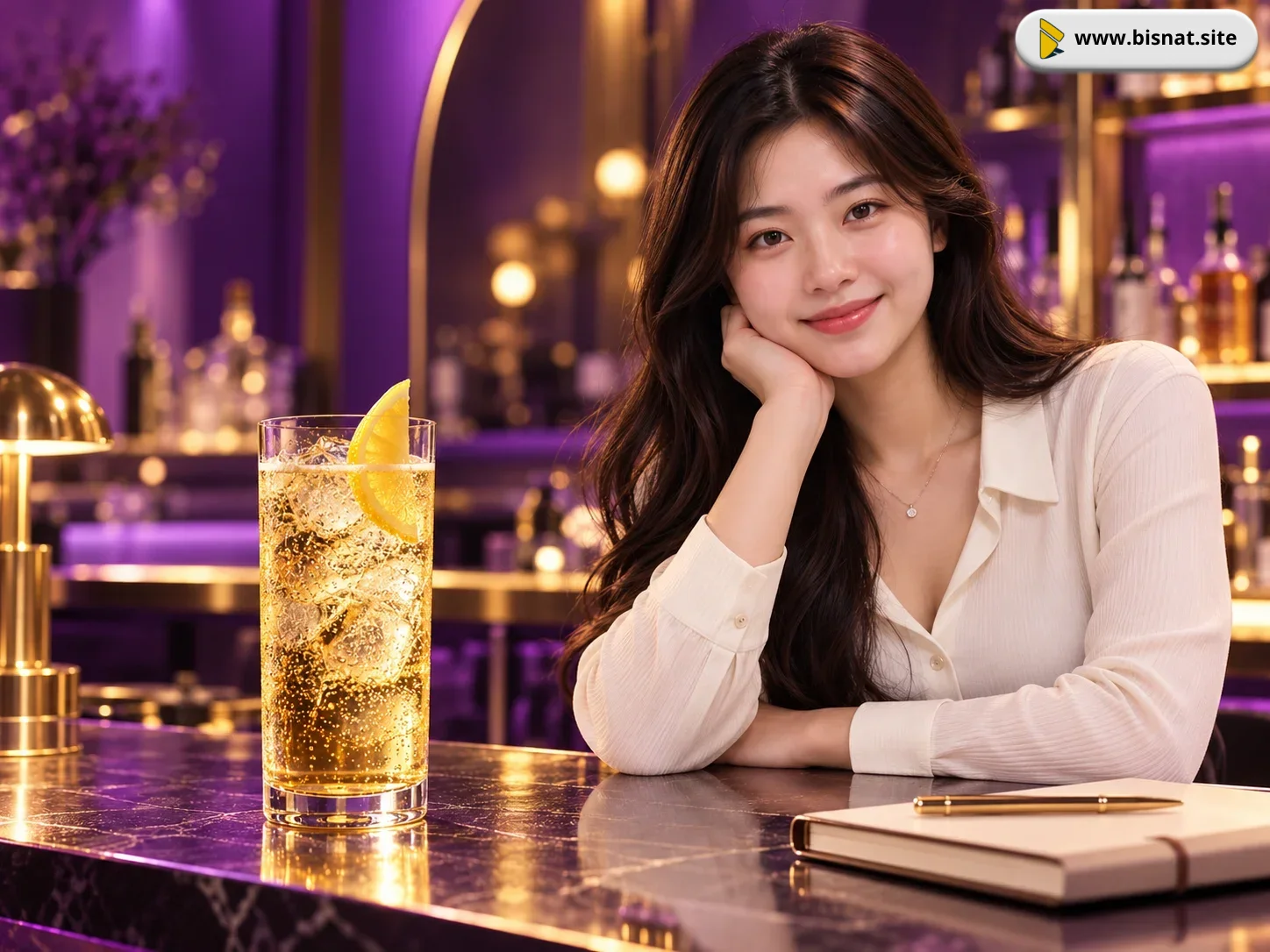 Ilustrasi Sintya sebagai host di bar bersama segelas highball; gambar penutup artikel