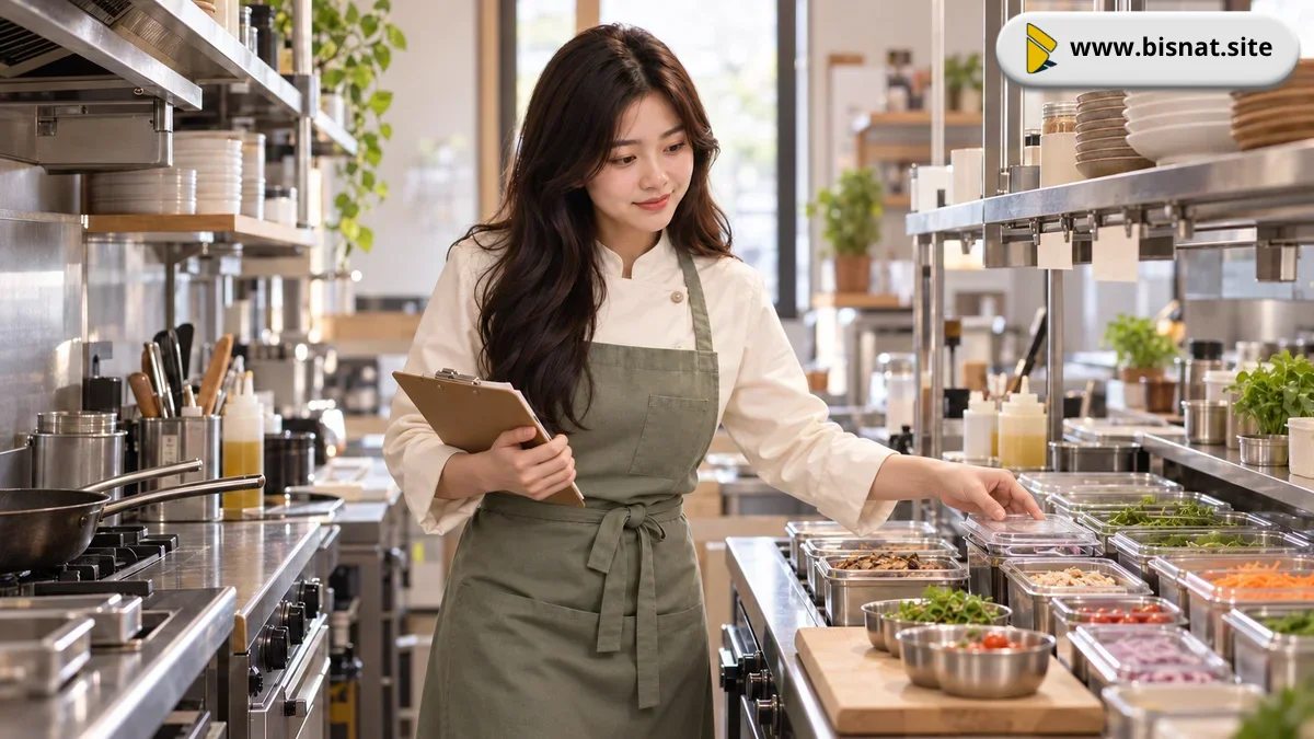 Sintya menata komponen bahan pada meja kerja dapur kecil.