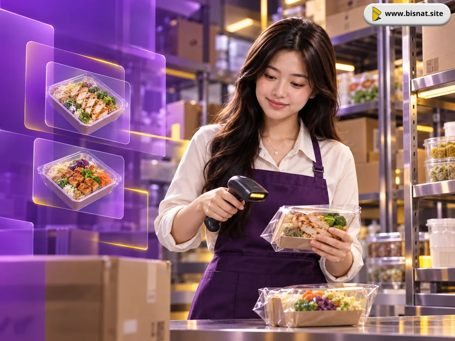 Sintya mencocokkan identitas dan varian produk di area stok restoran